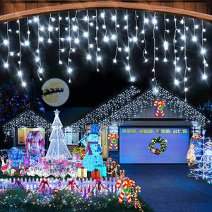 lot 11860 image: Heceltt White Christmas Lights Outdoor, 49FT 480 LED Ice Lights for Outside with 90 Drops Clear Wire 8 Modes Timer, Plug in Waterproof for Holiday Eaves Yard Roof Party Christmas Decoration