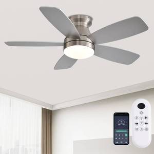 lot 11867 image: JSAITEE Ceiling Fans with Lights, 42 Inch Low Profile Ceiling Fan with Light and RemoteApp Control, Flush Mount, Reversible, 3CCT, Dimmable, Noiseless, Nickel Ceiling Fan for IndoorOutdoor Use - Retail $92.37