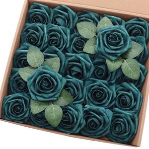 lot 11869 image: J-Rijzen Artificial Flowers 50PCS Real Looking Peacock Green Fake Roses with Stem for DIY Wedding Bouquets Centerpieces Party Baby Shower Home Decorations