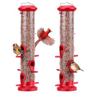 lot 11878 image: Kingsyard 2 Pack Tube Bird Feeders for Outdoors Hanging, Premium Hard Plastic Bird Feeder with 6 Feeding Ports, Weatherproof & Steel Hanger, Attracting for Wild Birds (Red)
