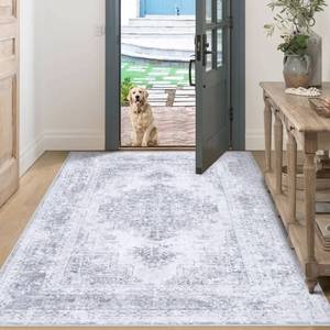 lot 11883 image: Bedroom Rug 3x5 Vintage Rug, Machine Washable Kitchen Rug Retro Medallion Distressed Rug Non-Slip Soft Low Pile Throw Rugs for Entryway Bedroom Bathroom Hallway Kitchen(LightGrey,3x5)