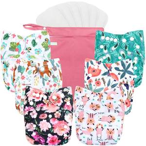 lot 11893 image: wegreeco Cloth Diapers 6 Pack with 6 Inserts & 1 Wet Bag, Washable Cloth Diapers for Babies, One Size Adjustable Reusable Diapers Baby (Flower)