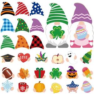 lot 12107 image: 30 Pieces Holiday Interchangeable Easter Wooden Gnome Decor DIY Saint Patrick Seasonal Tiered Tray Decoration with Magnet Swappable Detachable Hats Changeable Welcome Sign for Home