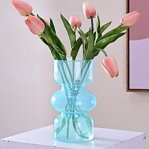 lot 12113 image: 7 inch Blue Glass Flower Vases for Centerpiece Table Home Indoor Desk Decor,Ins Modern Boho Style Vase for Wedding Housewarming Gift