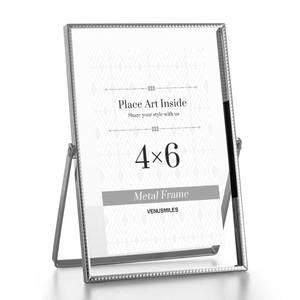 lot 12130 image: Venusmiles Silver 4x6 inch Metal Floating Picture Frame - For Photo Sizes (2x3 3.5x5 up to 4x6) - High Definition Glass - Metal Lace Edge Frames Adjustable Tabletop Shelf Photo Frame - Set of 1