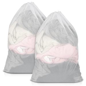 lot 12146 image: 2 Pack Mesh Laundry Bags, 23 x 34 Inches Heavy Duty Mesh Laundry Bag, Large Laundry Drawstring Bag for College, Dorm, Travel, Family and Apartment Dwellers, White
