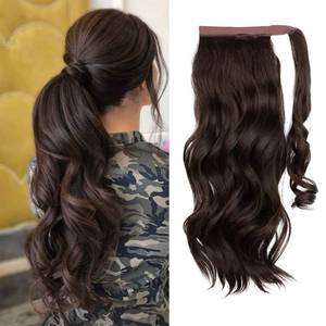 lot 12150 image: CJL HAIR 22 Long Ponytail Hair Extension Wrap Around Pony Tail Clip in Curly Wavy Synthetic Fake Hairpiece for Women Dark Brown