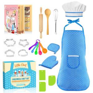 lot 12160 image: Toyze Apron for Kids Cooking Toys for 3-8 Year Old Girls Boys, Chef Costume for Kids Chef Hat and Apron,Birthday Gifts for Girls Boys 20 Pcs Blue-with Cookbook