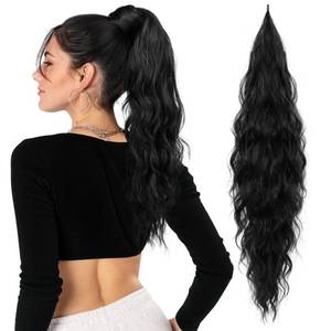 lot 12166 image: Flufymooz Ponytail Extension, Flexible Wrap Around Ponytail Extension Long Wavy Curly Ponytail Hair Extensions Natural pony tail Synthetic Hairpiece for Women 26 Inch (Natural Black)