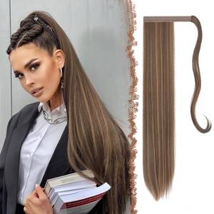 lot 12195 image: FESHFEN Straight Ponytail Extensions - 28 Inch Long Wrap Around Synthetic Ponytails Hair Piece Pony Tails Extensions Hairpieces for Women, Golden Brown Mixed Blonde