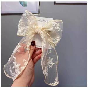 lot 12231 image: Large Black Lace Hair Bow Clips for Women Cottagecore Hair Accessories Cute Tulle Bow Barrettes Women Ribbon Bows for Baby Girls Hair Bridal Off White