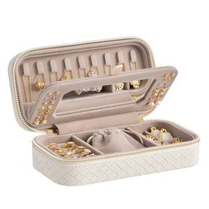 lot 12237 image: SONGMICS HOME Travel Jewelry Case, Jewelry Organizer Box with Mirror, Jewelry Pouch, Woven Embossed PU Leather, Portable Jewelry Storage, Gift Idea, Cloud White UJBC197W01