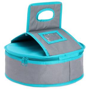 lot 12239 image: Insulated Round Thermal Casserole Food Carrier for Lunch, Lasagna, Potluck, Picnics, Vacations - Teal and Grey