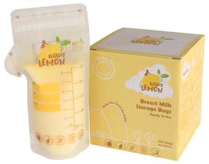 lot 12262 image: Baby Lemon Breast Milk Storage Bags with Spout - 8 oz, 100 Bags, Extra Thick, Leak Proof, Pre-sterilized, Ready to Use, BPA Free, Easy Write Material