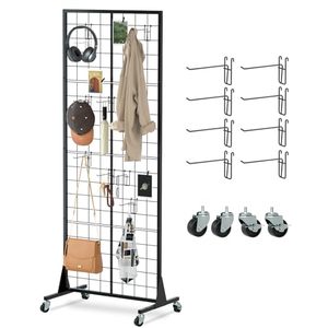 lot 3903 image: Urban Deco Gridwall Panel Display Stand - Craft Show Display Rack with Extra 8 Hooks, 2 x 5.5 Ft Black Metal Grids Standing Wire Rack for Retail Art Fair - 1 Set