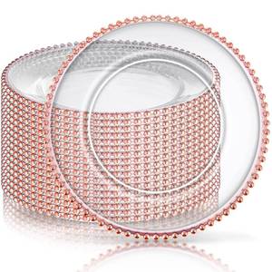 lot 3923 image: 18 PCS Clear Charger Plates with Beaded Rim 13 Inch Plastic Round Charger Plates Bulk Acrylic Round Dinner Plate Chargers Decorative Plates for Home Kitchen Party Wedding Tabletop Decor(Rose Gold)