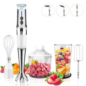 lot 3924 image: Cordless Immersion Blender 4-in-1 Rechargeable Electric Hand Blender, 21-Speeds & 3-Angle Adjustable with 700ml Chopper, 700ml Beaker, Egg Whisk and Beater for Smoothies, Soup, Baby Food (White)