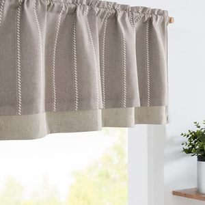 lot 4045 image: jinchan Nautical Valance Striped Linen Curtain 18 Inch Farmhouse Room Darkening Double Layer Valance for Kitchen Living Room Bathroom Windows Blackout Pinstripe Window Treatment 1 Panel Tan