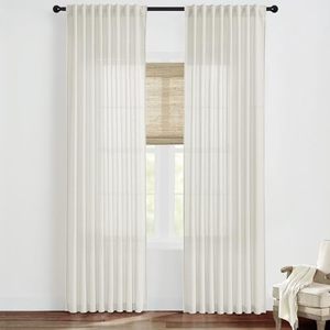 lot 4051 image: SHINELAND Linen 96 Inch Farmhouse Curtains Long 2 Panels Set for Living Room,Sheer Light Filtering 8FT 8FT Floor Length to Ceiling Back Tab Not Pinch Pleated Curtain Drapes