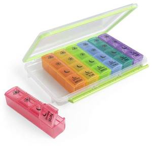 lot 4069 image: Ezy Dose Weekly (7-Day) Pill Case, Medicine Planner, Vitamin Organizer Box, Convenient and Easy to Use, X-Large Pop-Out Compartments, 4 Times a Day, Rainbow Lids with Case, BPA Free