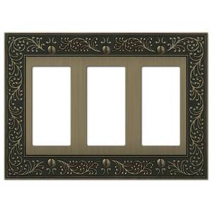 lot 4072 image: Amerelle 43RRRBB English Garden Wallplate, 3 Rocker, Cast Metal, Brushed Brass, 1-Pack