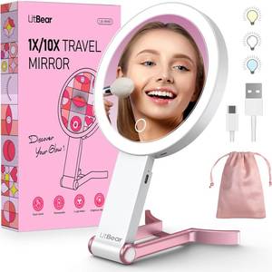 lot 4423 image: LitBear Travel Makeup Mirror with Lights, Rechargeable Double-Sided 10X1X Magnifying Mirror, Portable Lighted Beauty Mirror, 3 Color Lighting, Dimmable Touch Screen, Tabletop Handhold Hanging (White)