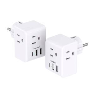 lot 4451 image: 2 Pack Germany France Travel Plug Adapter with 3 Outlets 3 USB Charging Ports(1 USB C), Type EF International Power Adapter, Travel Essentials US to Europe France Germany South Korea Netherlands