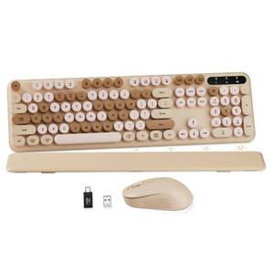 lot 4481 image: Wireless Keyboard and Mouse Combo, Round Keycaps, Full-Size Retro Typewriter Keyboard with Detachable Wrist Rest, Sleep Mode & Tilt Legs, 2.4GHz Cordless Connection for MacWindowsPC (Latte)