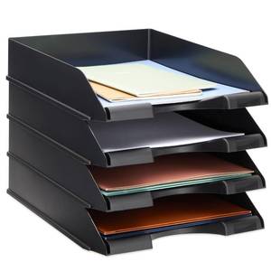lot 5610 image: Stockroom Plus 4 Pack Black Stackable Paper Trays for Letter Documents, Desktop File Organizers for Office Supplies, Stackable Desk Tray Holder for Paper Storage (10 x 13.45 x 2.5 in)