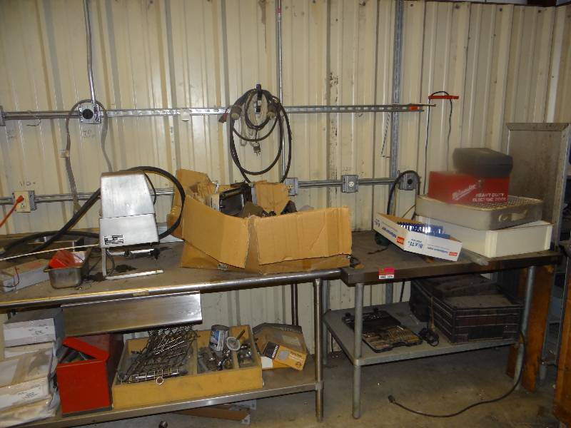 lot 8436 image: Lot of 2 Stainless Steel Work Tables, Cabinet & Contents
