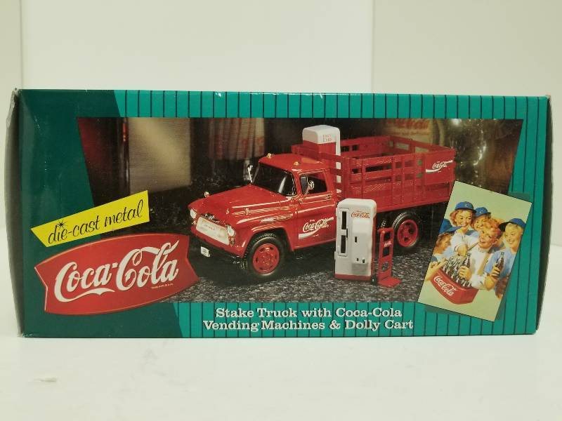 lot 1032 image: Coke Brand Stake Truck wCoca-Cola Vending Machine & Dolly Cart (Ertl #F296) Die-cast Metal NIB