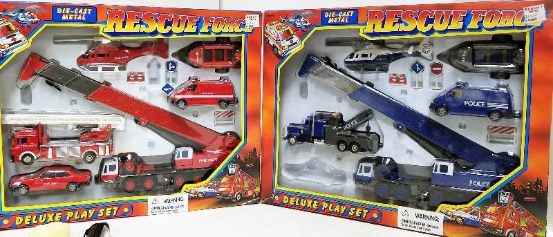 lot 1141 image: 2 sets of Rescue Force  Delux Play Set, 1 Fire and Rescue (Blue) 1  Fire and Rescue (Red), NIB