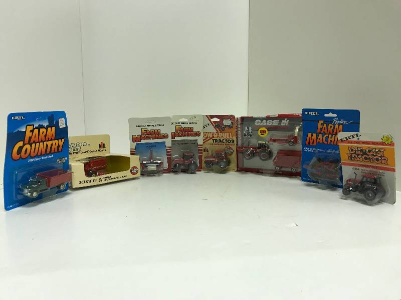 lot 1225 image: 4 Ertl 164 Scale, IH 3388 22 WForage Harvester & Wagon, 14363,IH Combine w2 heads (180 scale), 408, Case IH 496 Wing Disc, 694, CaSE ih Planter, 478FO, 3 Case IH Tractors, 4091458205, 1950 Checy Grain Truck, 4633, All NIB