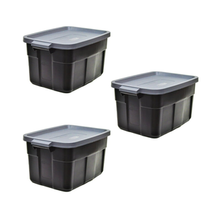 lot 2641 image: Rubbermaid Roughneck 31 Gallon Storage Container, BlackCool Gray (3 Pack) - Retail $113.00