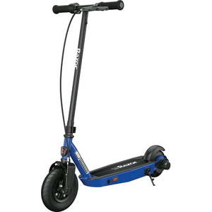 lot 2679 image: Razor Black Label E100 Electric Scooter - Blue for Kids Ages 8 and up to 120 lbs 8 Pneumatic Front Tire Up to 10 mph & up to 35 mins of Ride Time 90W Power Core High-Torque Hub Motor - Retail $158.00