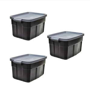 lot 3615 image: Rubbermaid Roughneck 31 Gallon Storage Container, BlackCool Gray (3 Pack) - Retail $113.00