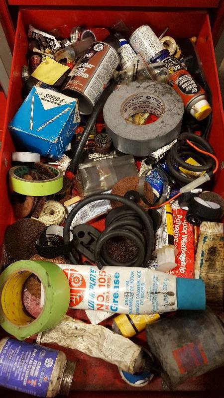 lot 1004 image: Big lot of handy tapes, sealers and stuff we use every day.  Bargains in this drawer.