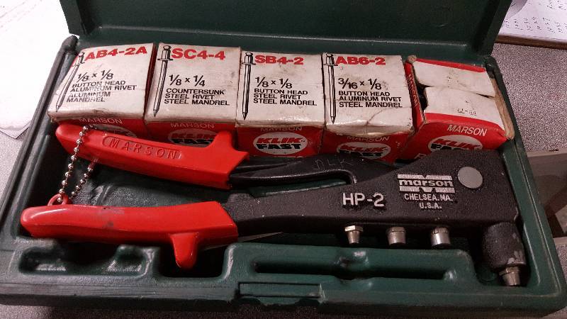 lot 1054 image: Marson Tools pop rivet insertion tool with boxes of rivets and inserts