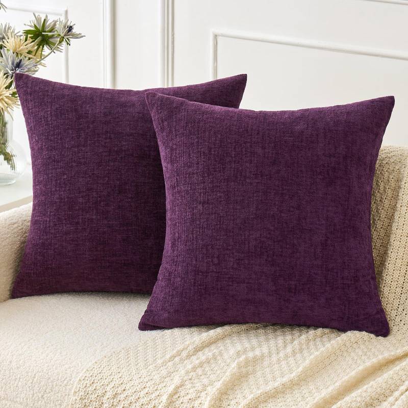 lot 4574 image: MIULEE Pack of 2 Couch Throw Pillow Covers 18x18 Inch Soft Plum Purple Chenille Pillow Covers for Sofa Living Room Solid Dyed Pillow Cases