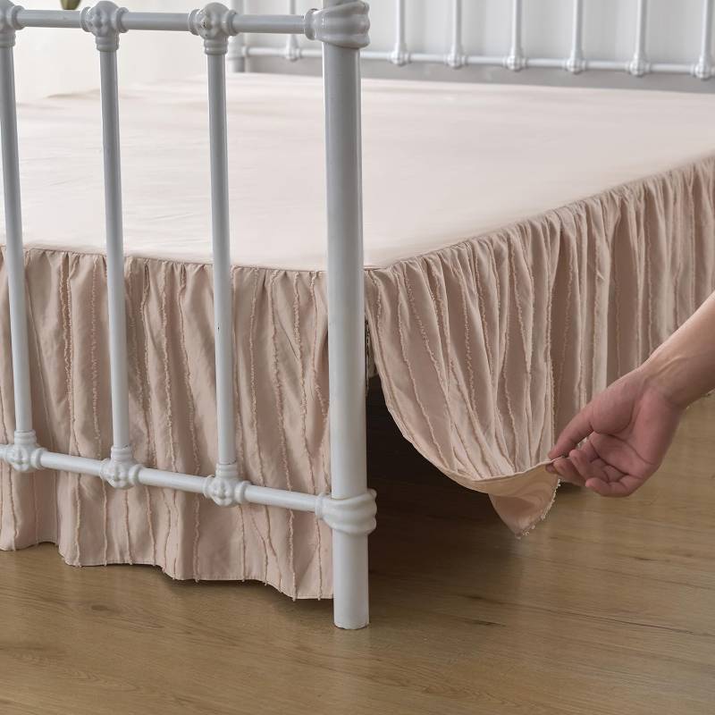 lot 4577 image: Striped Tufted Bed Skirt King Size, Ruffled Bed Skirt with Split Corners, King Bed Skirts 18 Inch Drop with Platform, Cream (King - 18 Drop)