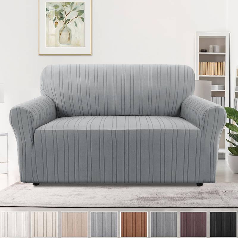 lot 4594 image: H.VERSAILTEX High Stretch Loveseat Covers 1-Piece Couch Cover Non Slip Sofa Cover with Elastic Bottom Thick Soft Sofa Covers Washable Polyester Spandex Jacquard Fabric Stripe Design(Loveseat, Dove)