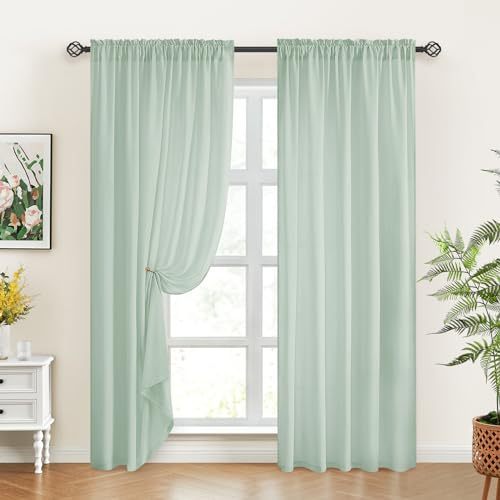 lot 4773 image: HOMEIDEAS Non-See-Through Sage Green Privacy Sheer Curtains, 52 X 84 Inches Long 2 Panels Sheer Curtains Light Filtering Window Drapes for Bedroom Living Room