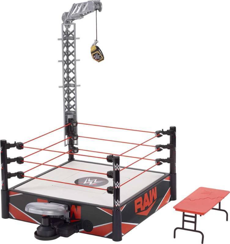 lot 5170 image: Mattel WWE Wrekkin Kickout Ring Playset with Accessories & 2 Play Modes, Includes Launcher, Crane, WWE Championship & More, 13-inch x 20-inch