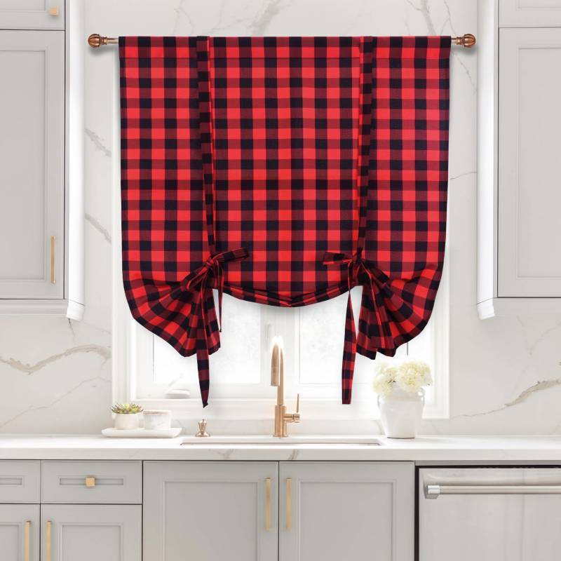 lot 5257 image: Hiasan Christmas Buffalo Plaid Tie Up Curtains for Small Windows - Rod Pocket Semi Sheer Light Filtering Balloon Kitchen Curtains, Red and White, 42 x 63 inch, 1 Panel