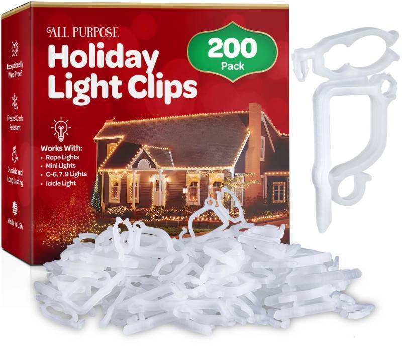 lot 6829 image: All-Purpose Holiday Light Clips Set of 200 Christmas Light Clips, Outdoor Light Clips - Mount to Shingles & gutters - Works with Mini, C6, C7, C9, Rope, Icicle Lights - No Tools Required - USA Made