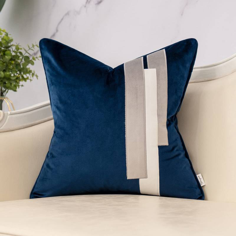 lot 6862 image: Yangest Navy Blue Decorative Velvet Throw Pillow Cover Striped Patchwork Cushion Case Modern 18x18 Inch Pillowcase for Sofa Couch Bedroom Living Room Home Decor