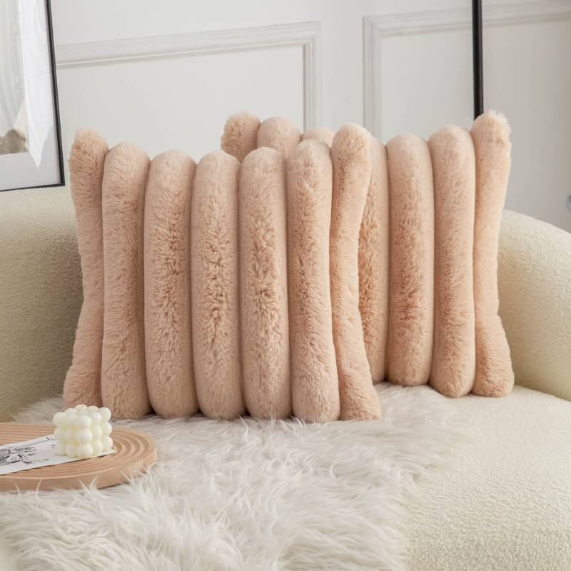 lot 1998 image: Neelvin Camel Faux Fur Cozy Soft Striped Decorative Throw Pillow Covers 16x16 inch Set of 2,Velvet Pillowcase Cushion Case for Sofa Couch