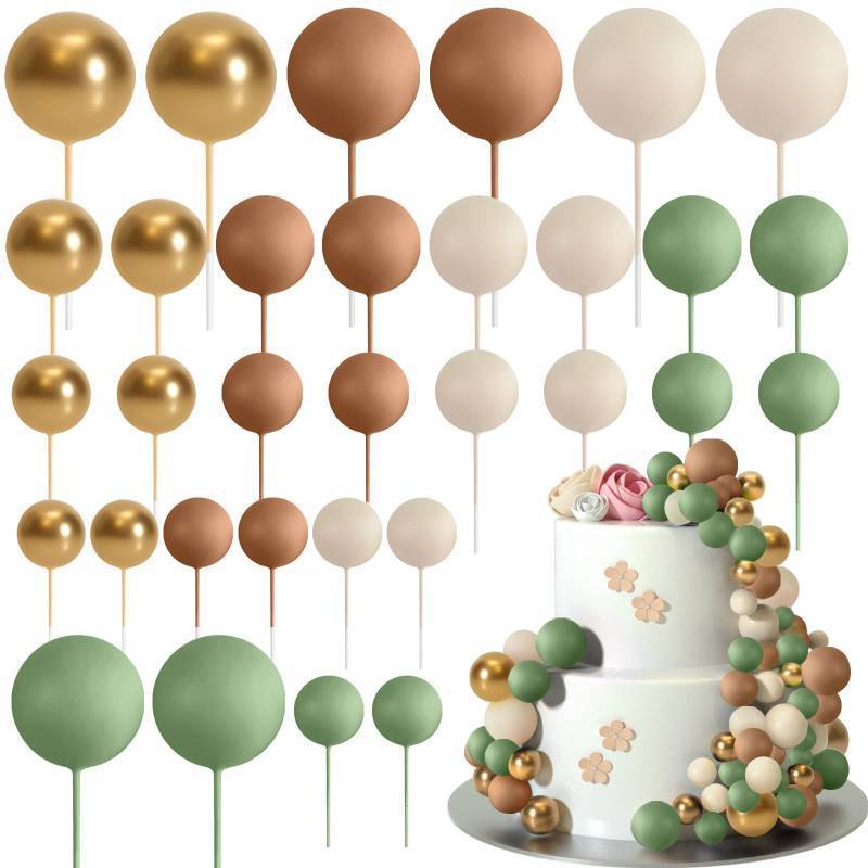 lot 2004 image: ASTARON 32 Pcs Ball Cake Topper Decorations Mini Balloons Cake Topper Sticks Foam Balls Cake Picks Cake Topper Balls Cake Decorations for Wedding Party Birthday Cake Decorating (Green Brown Gold)