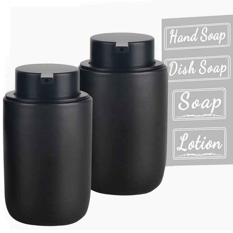 lot 6637 image: BosilunLife Black Soap Dispenser Set - 2 Pack 12oz Ceramic Dish Soap Dispenser with Rust Proof Pump for Kitchen, Hand Soap and Lotion Set Suitable for Farmhouse Bathroom Decor with Waterproof Labels