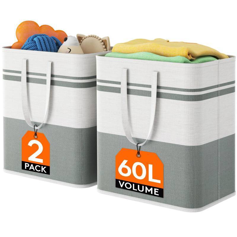 lot 9364 image: Lifewit 2 Pack 60L Large Freestanding Laundry Hamper, Collapsible Laundry Basket with Easy Carry Handles, Waterproof Tall Clothes Hamper for Laundry Dorm Bedroom Bathroom, Grey-White